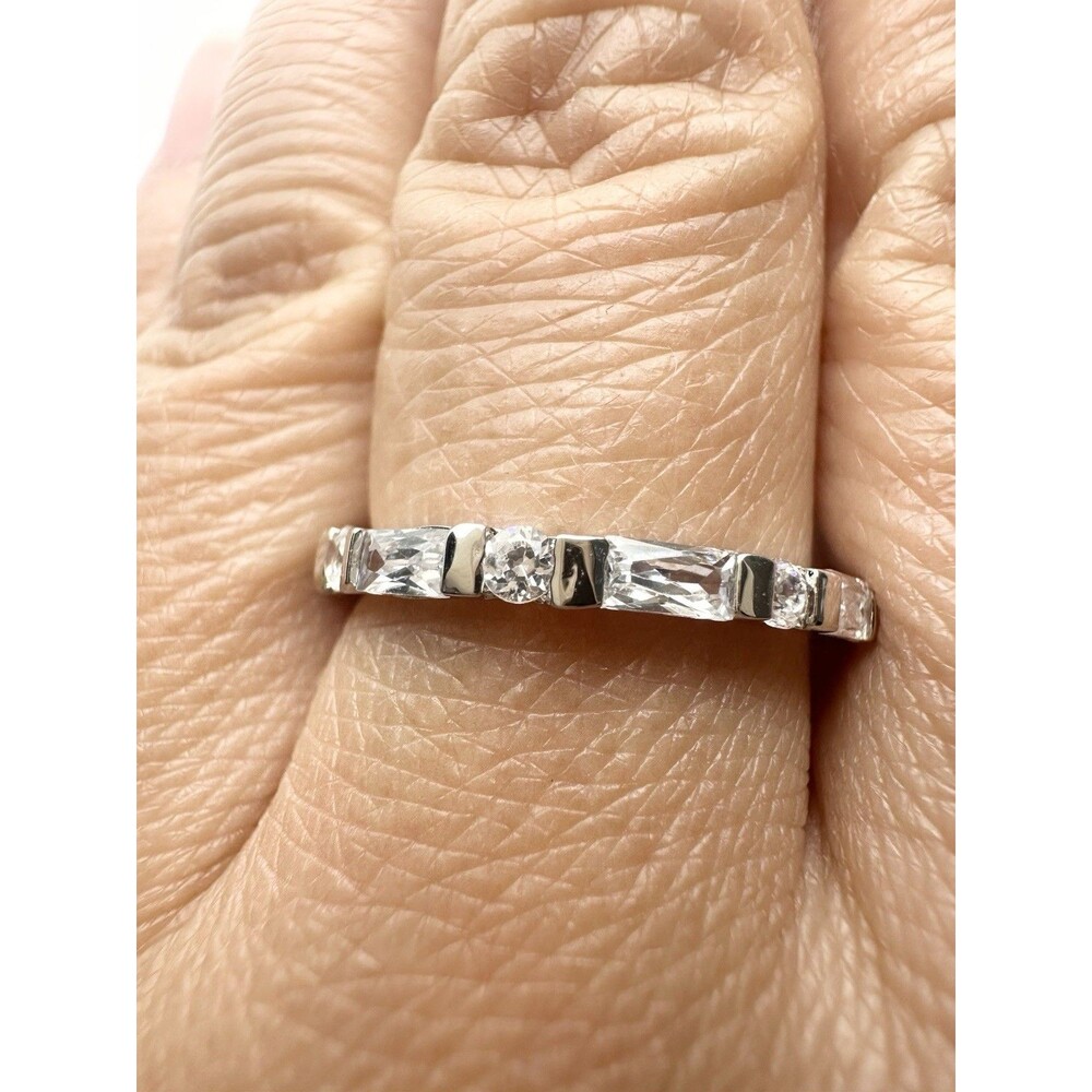 Silver Tone Baguette Round Cut Eternity Band Ring Size 6.5